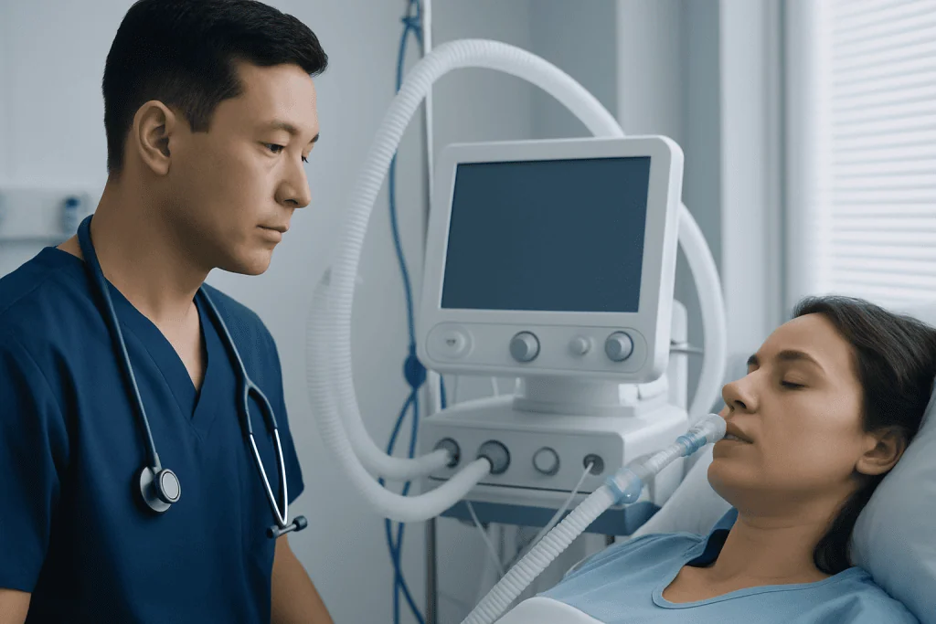 Medical professional monitoring patient on ventilator in hospital.