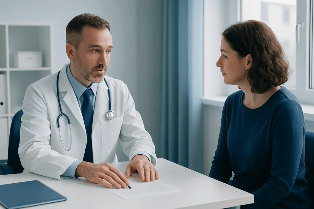Doctor consulting with female patient in a medical office.