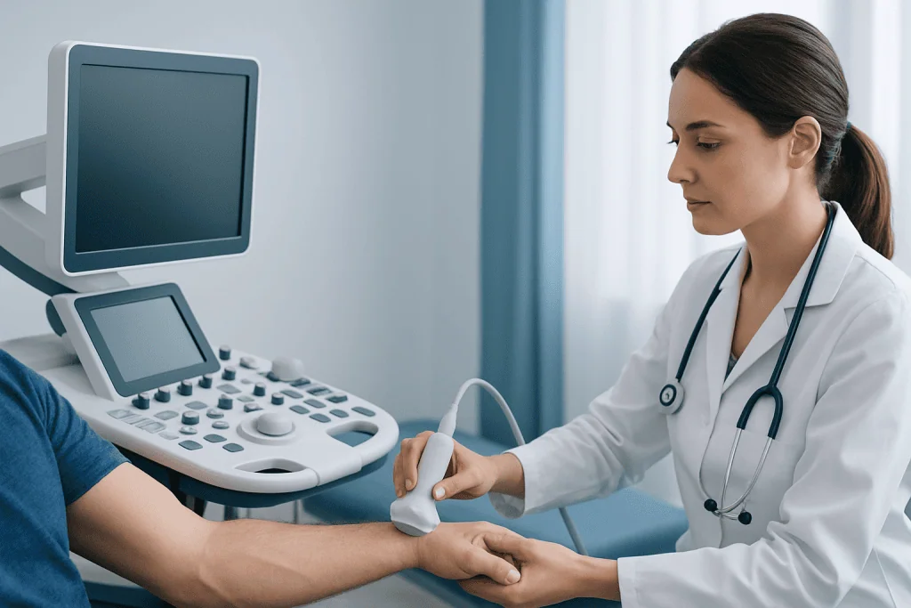 Doctor performing Yergason's test on patient in a medical clinic.
