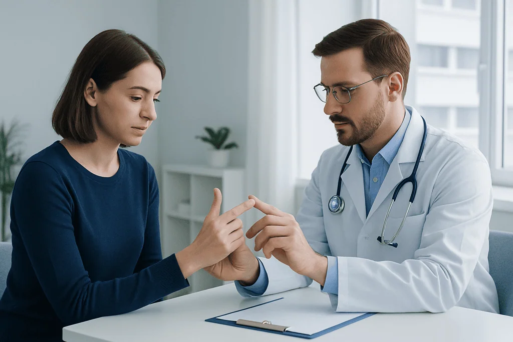 Doctor examining patient's hand for joint issues in a consultation room.