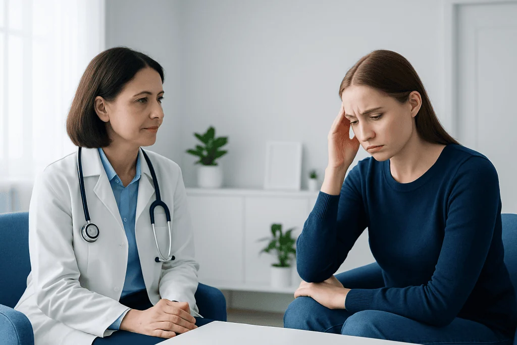 Doctor consulting with a patient experiencing bird phobia symptoms.