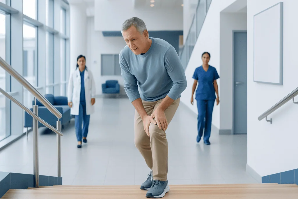 Knee Sore Walking Up Stairs: What Patients Need to Know 1 Patient experiencing knee pain while walking up stairs at Acibadem Hospital.