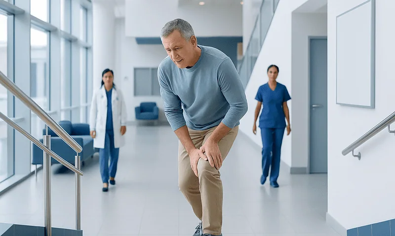 Patient experiencing knee pain while walking up stairs at Acibadem Hospital.