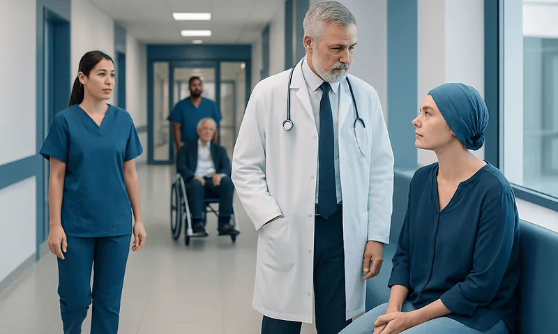 Medical team discussing patient care in hospital corridor.