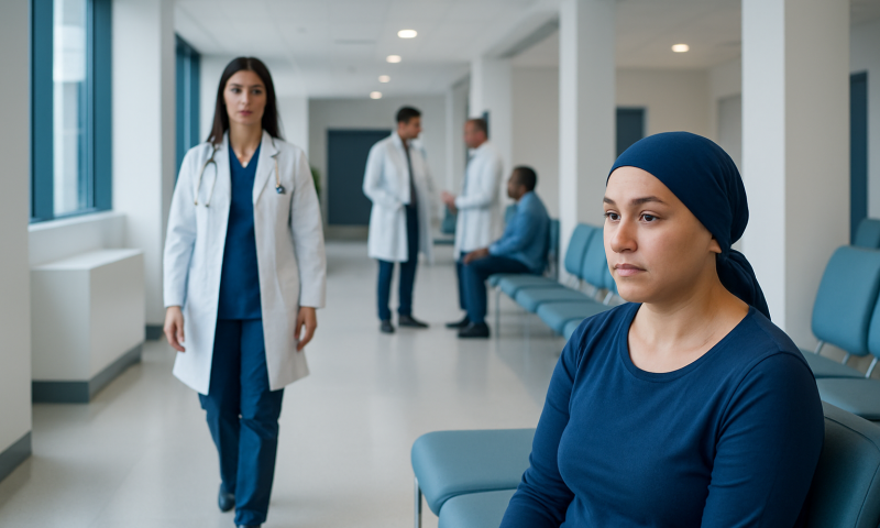 Patient in hospital waiting area with medical staff in background.