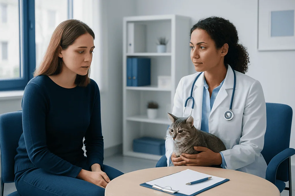 Veterinarian examines a cat during a consultation with a pet owner.