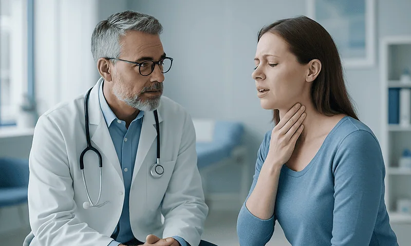 Doctor examining a woman with sore throat in a medical consultation room.