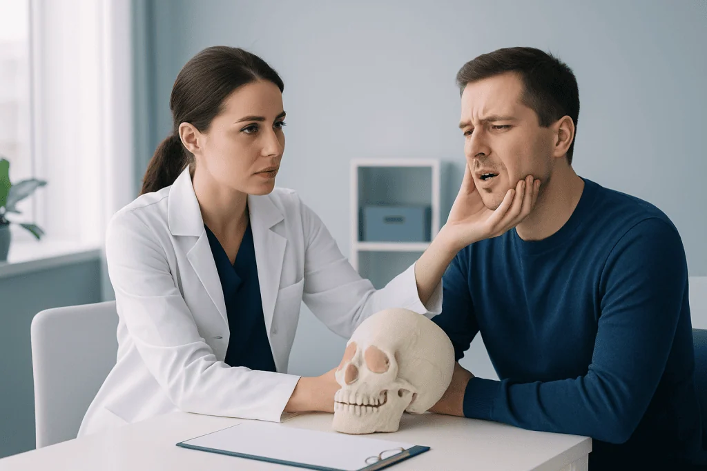 Doctor examining man's jaw for dislocation with skull model on table.
