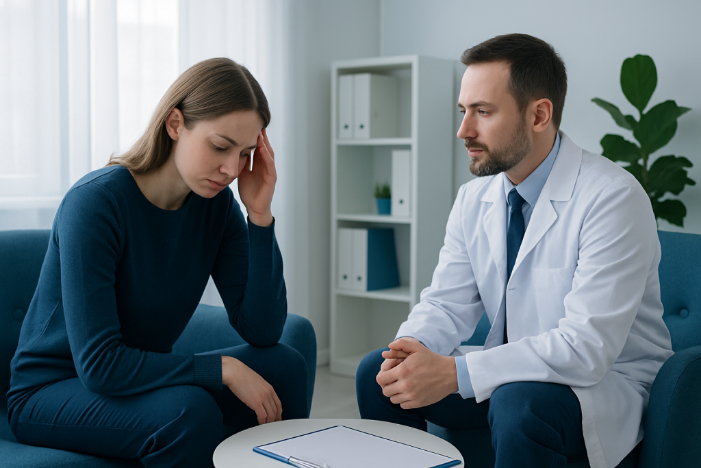 Woman distressed during therapy session with doctor in a clinical setting.
