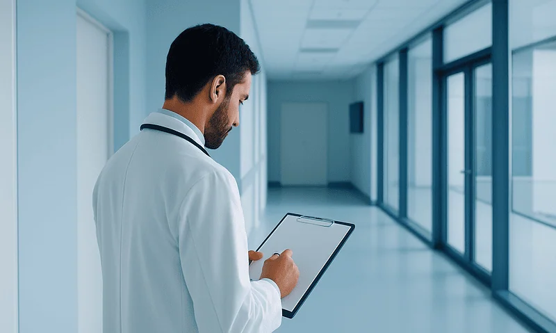 Doctor reviewing patient information in a modern hospital corridor.