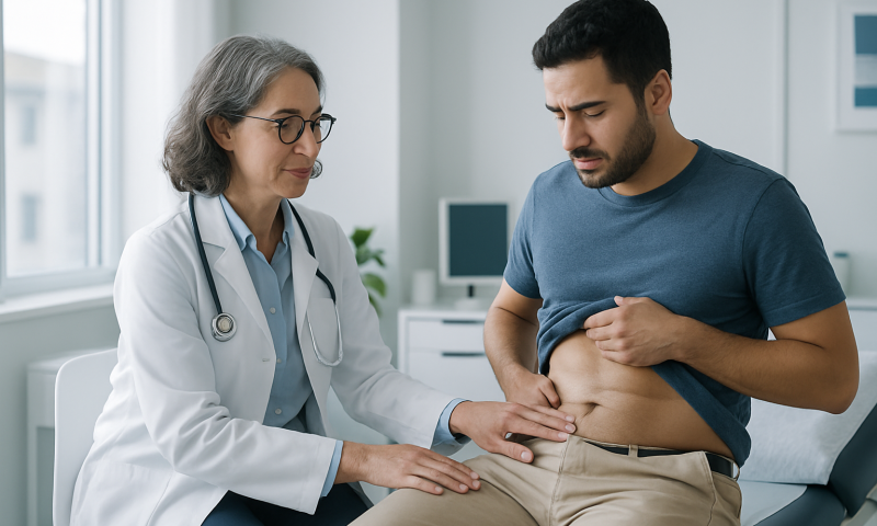 Doctor examining patient's abdomen in a medical consultation room.