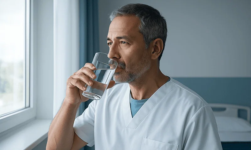 Middle-aged man drinking water in a hospital room.