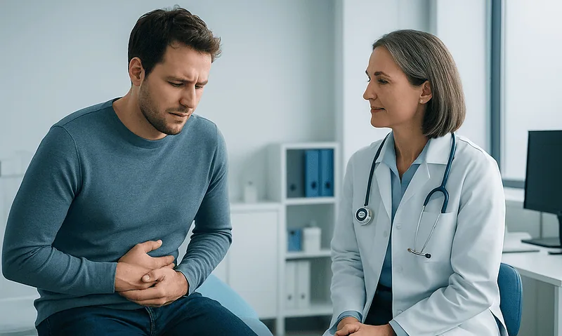 Doctor consulting a patient with stomach pain in a medical office.