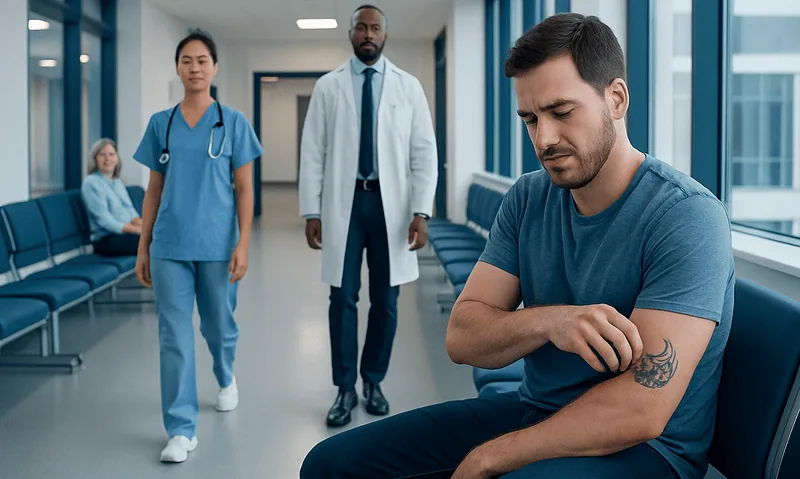 Young man with tattoo experiencing discomfort in a hospital corridor.