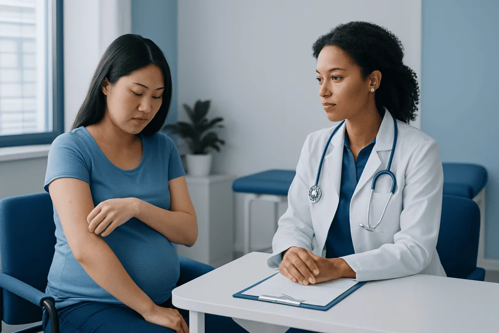 Pregnant woman consulting with a doctor in a medical office.