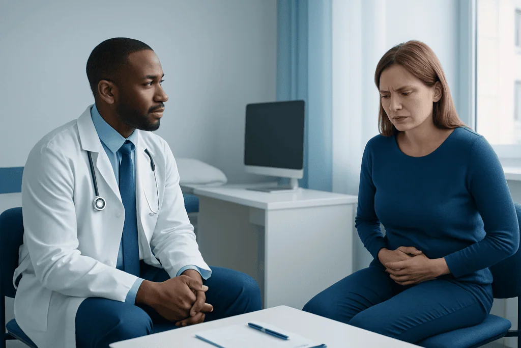 Doctor consulting with a patient about digestive health issues.