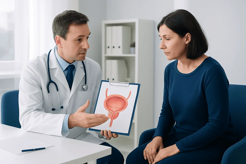Urologist explaining bladder diagram to female patient in consultation room.