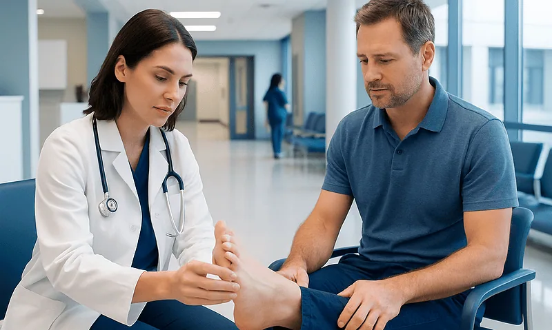 Doctor examining patient's foot in hospital corridor.
