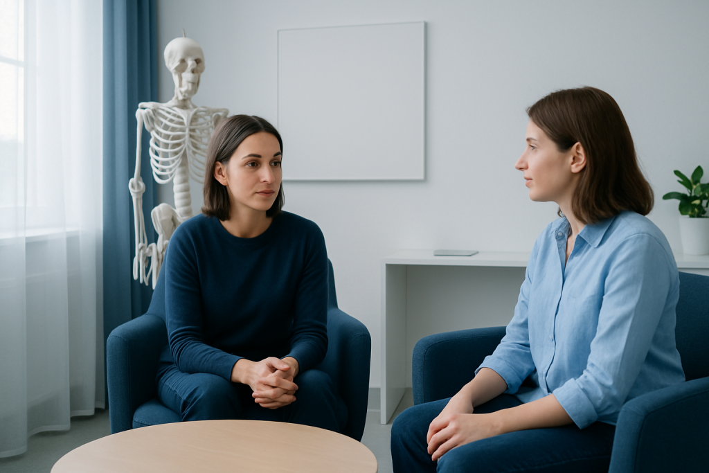 Therapist and patient discussing in a medical consultation room with skeleton model.