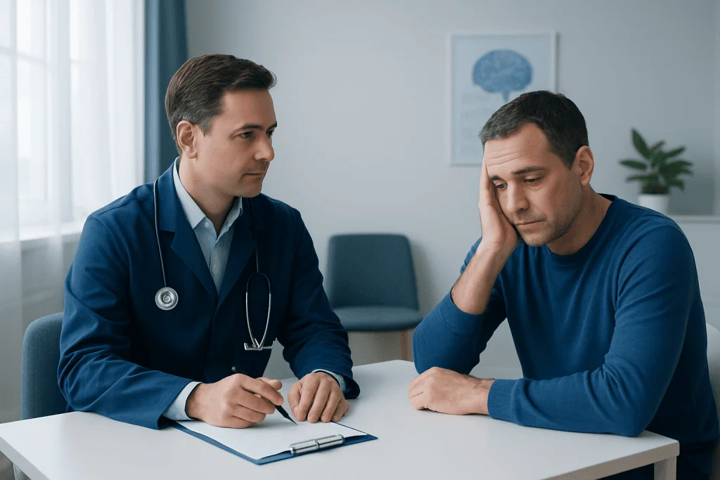 Doctor consulting with patient about neurological symptoms in clinic.
