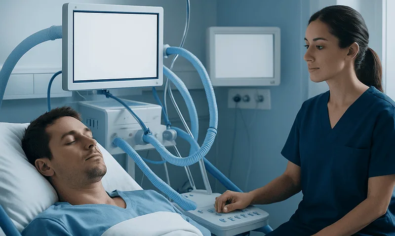 Patient undergoing medical treatment with ventilator support in hospital.