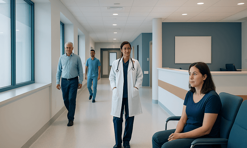 Healthcare professionals and patient in a modern hospital corridor.