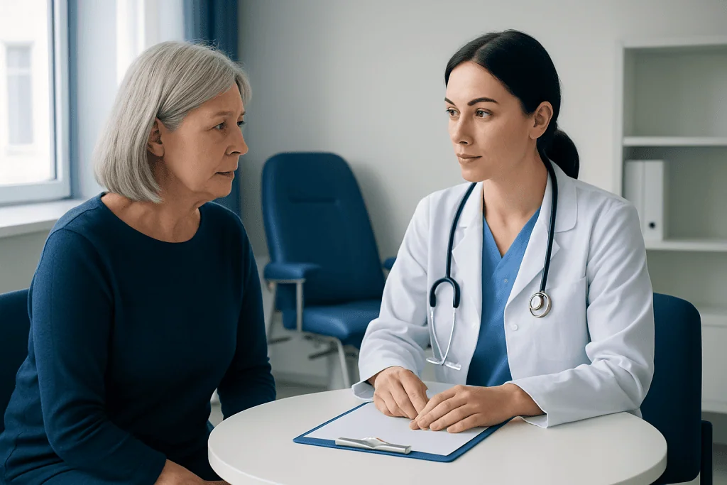 Doctor consulting with an older female patient in a medical office.