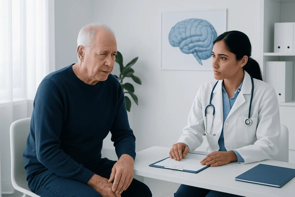 Doctor consulting with an elderly patient in a medical office.