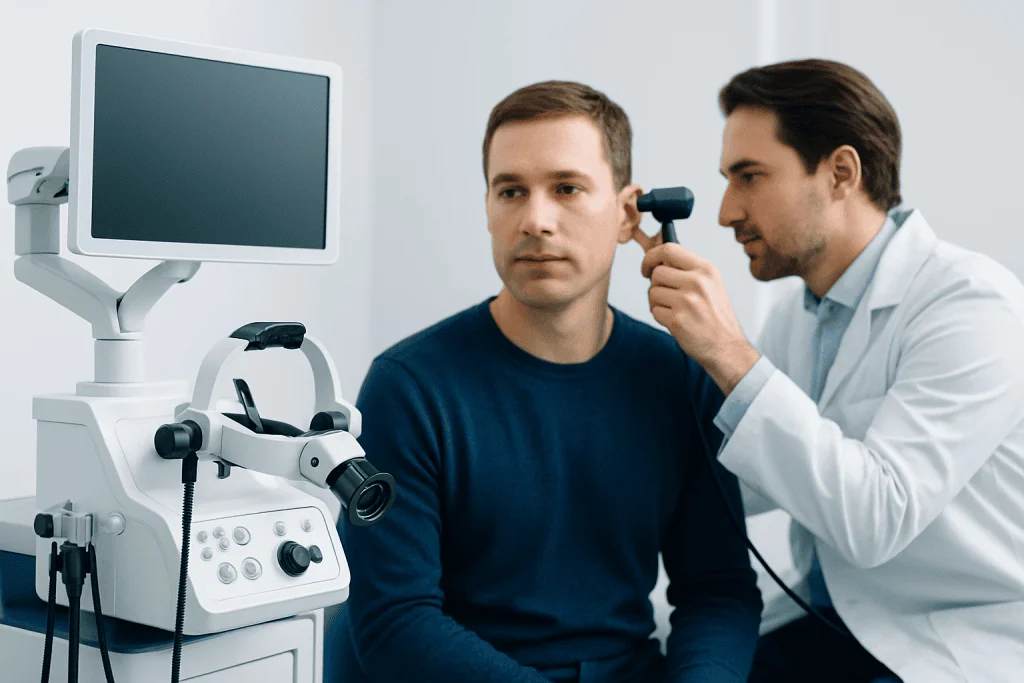 Doctor examines patient's ear with otoscope in medical clinic.