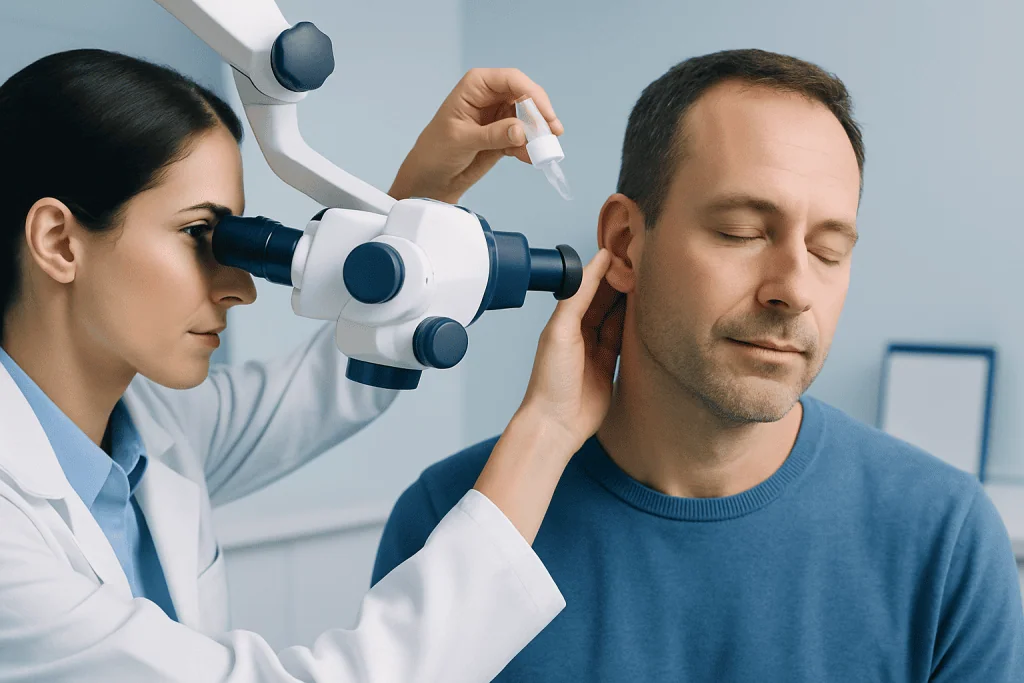 ENT specialist examining patient's ear with a microscope in a clinic.