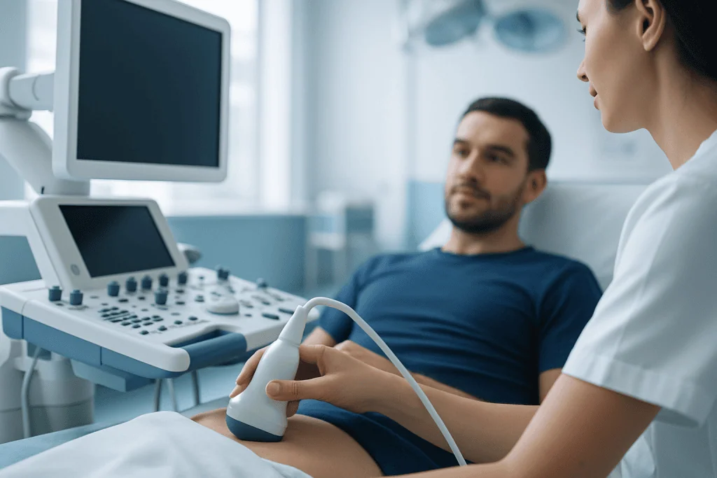 Patient undergoing ultrasound examination in a hospital setting.