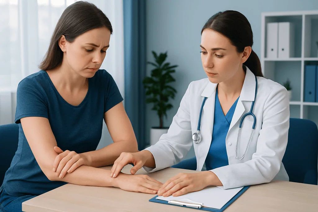 Doctor examining patient's dry elbows in a medical consultation.