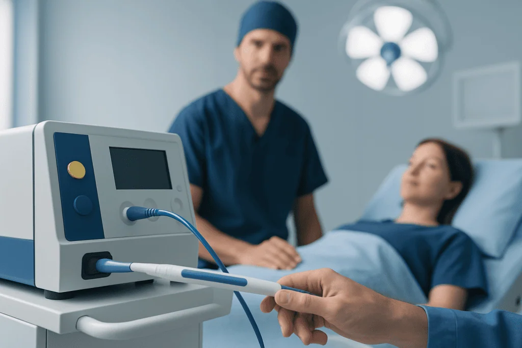 Medical professional preparing electrocautery device in hospital room.