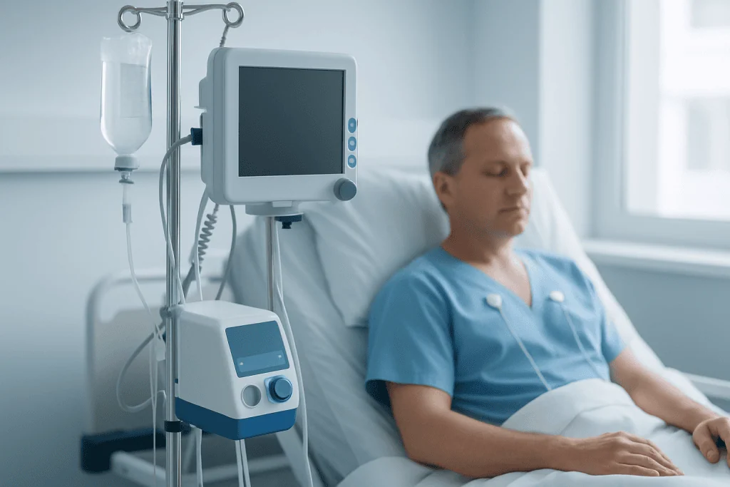 Patient in hospital bed connected to medical monitoring equipment.