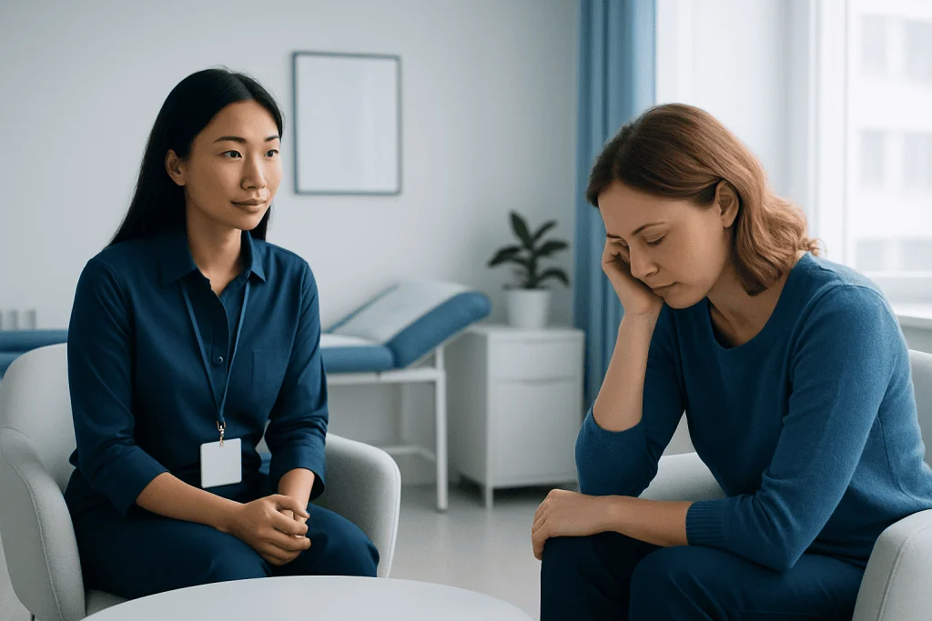 Therapist listening to patient during counseling session at Acibadem Hospital.