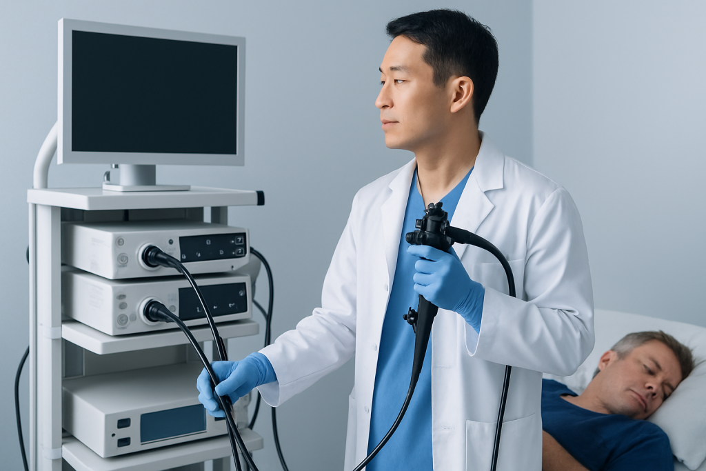Doctor performing endoscopy with medical equipment in hospital room.