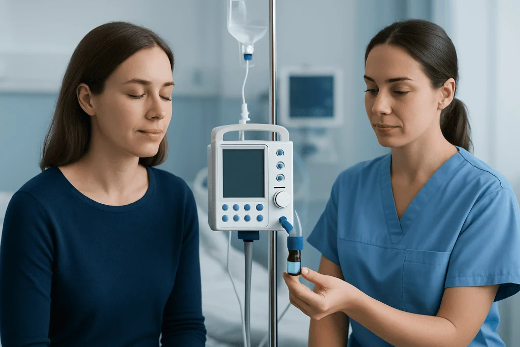 Patient receiving IV therapy in a hospital setting with medical staff present.