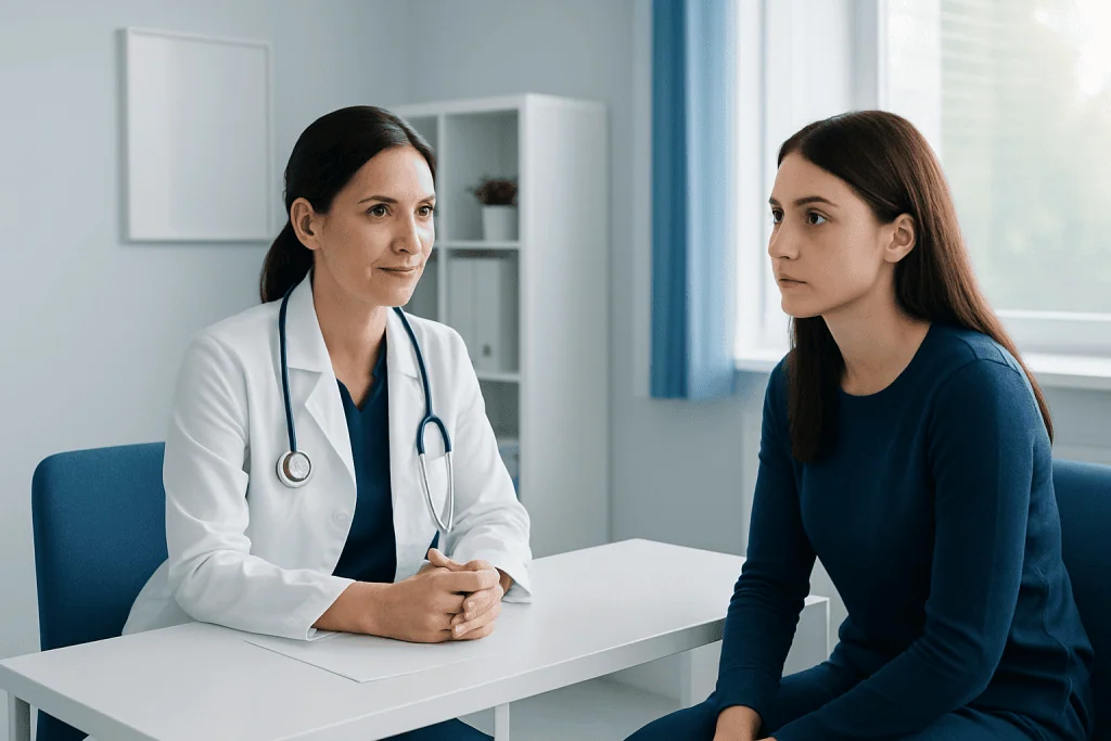 Ophthalmologist consulting with a young female patient in a clinic.
