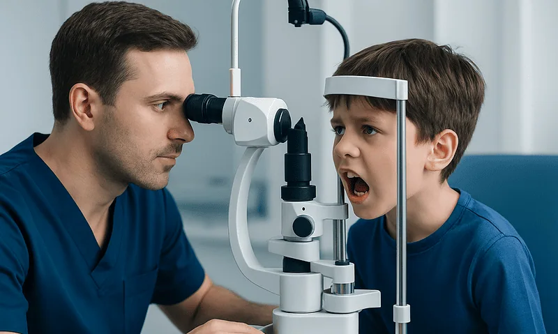 Pediatric eye exam at Acibadem Hospital with doctor and young patient.