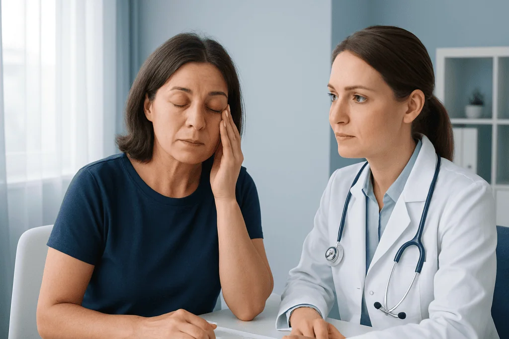 Woman with eyelid pain consulting a doctor in a medical office.