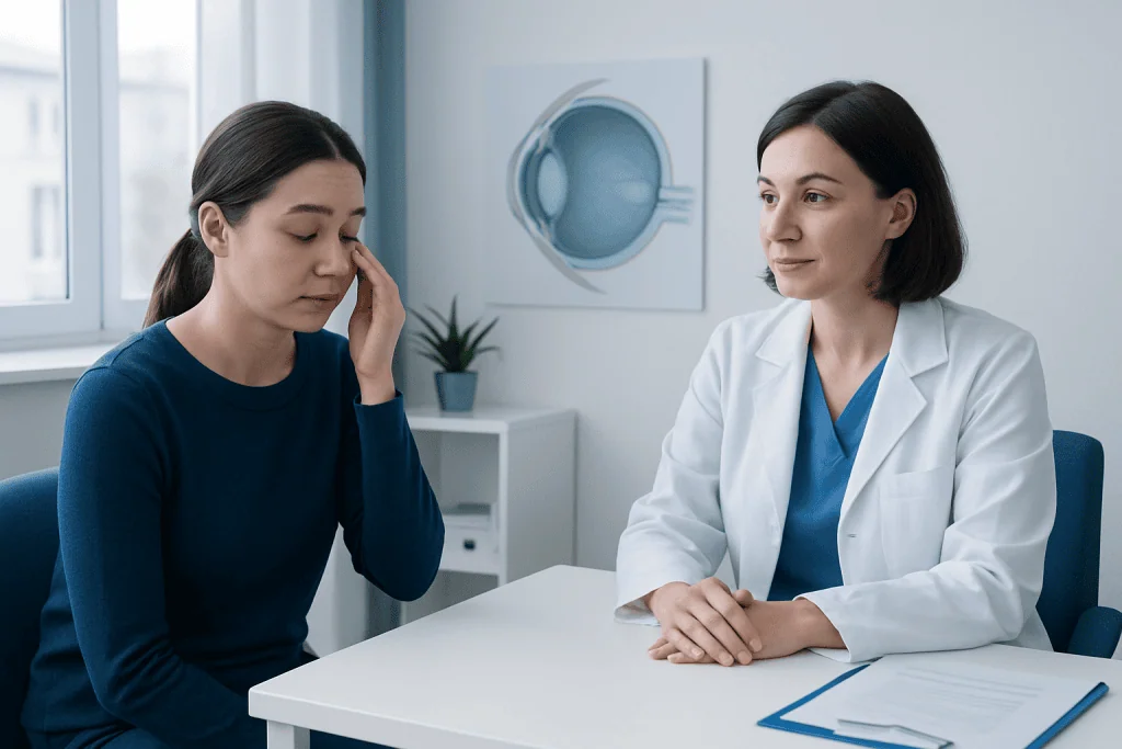 Patient consulting with ophthalmologist about eye health issues.