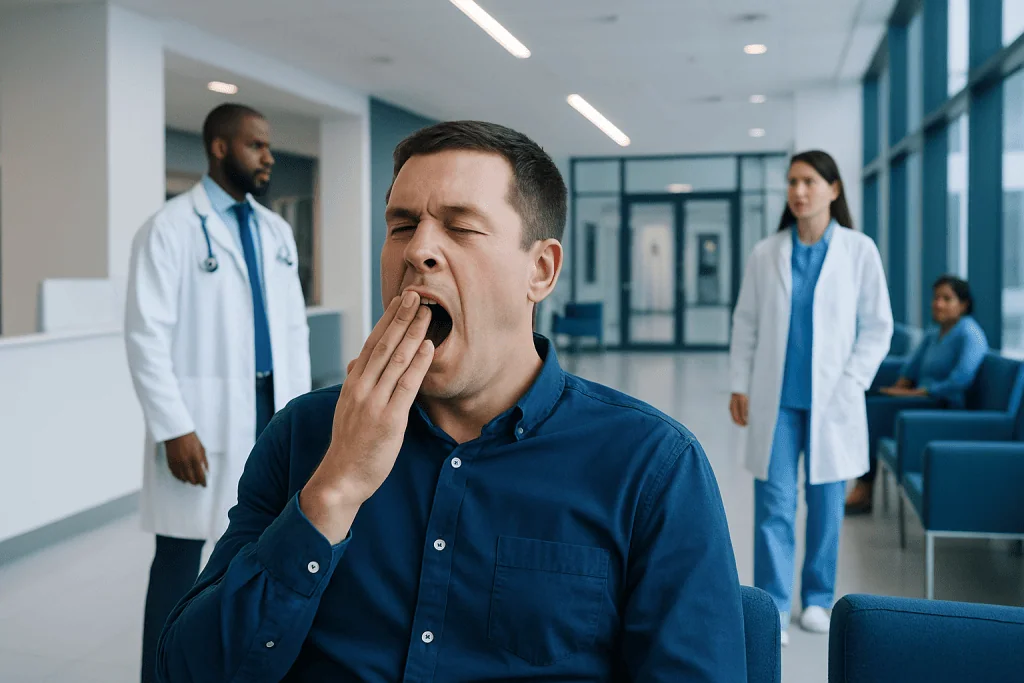 Why Do My Eyes Water When I Yawn? Causes, Explanations, and Next Steps 1 Man yawning in a hospital waiting area with medical staff nearby.