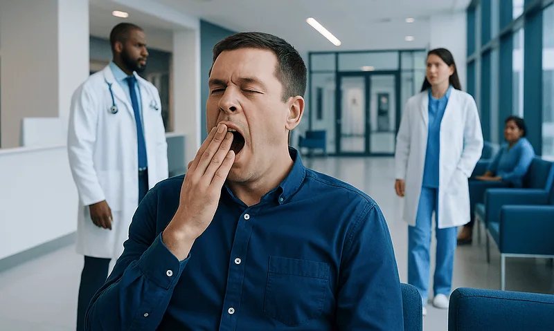 Man yawning in a hospital waiting area with medical staff nearby.