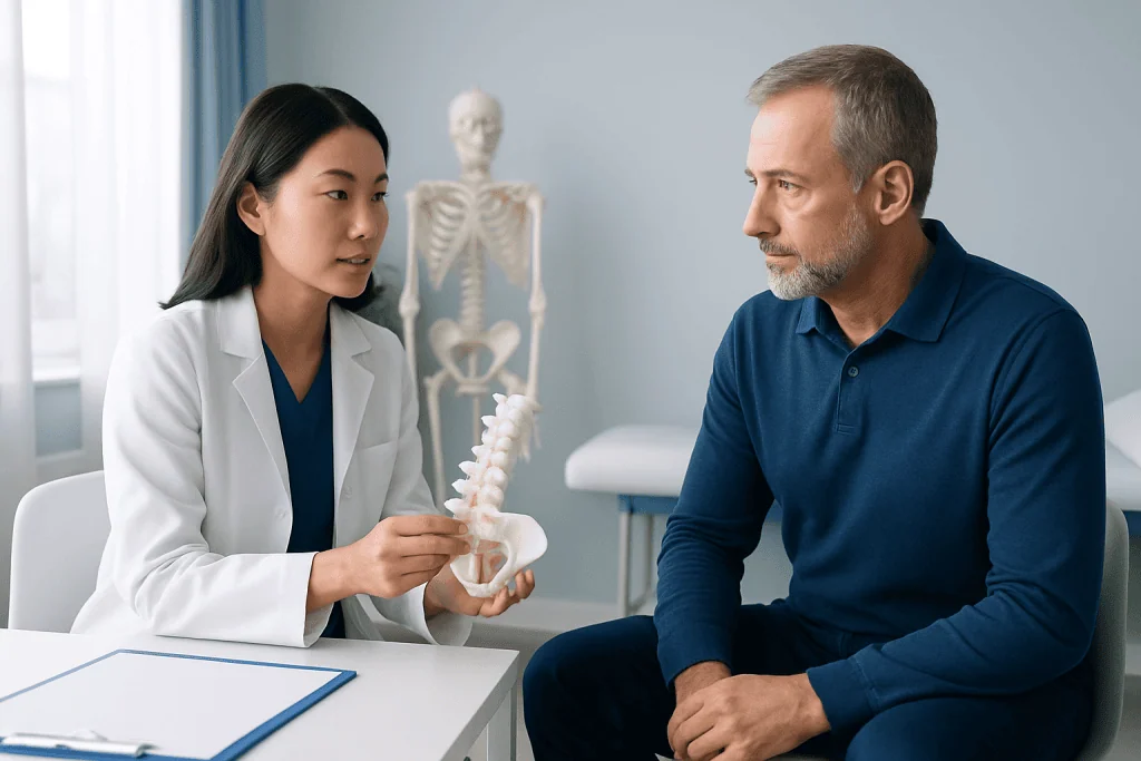 Doctor explaining spinal anatomy to patient in a medical consultation.