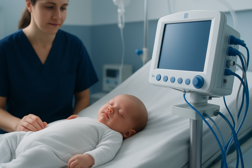 Pediatric monitor beside sleeping newborn in hospital setting.