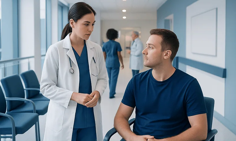 Doctor consulting with a male patient in a hospital corridor.