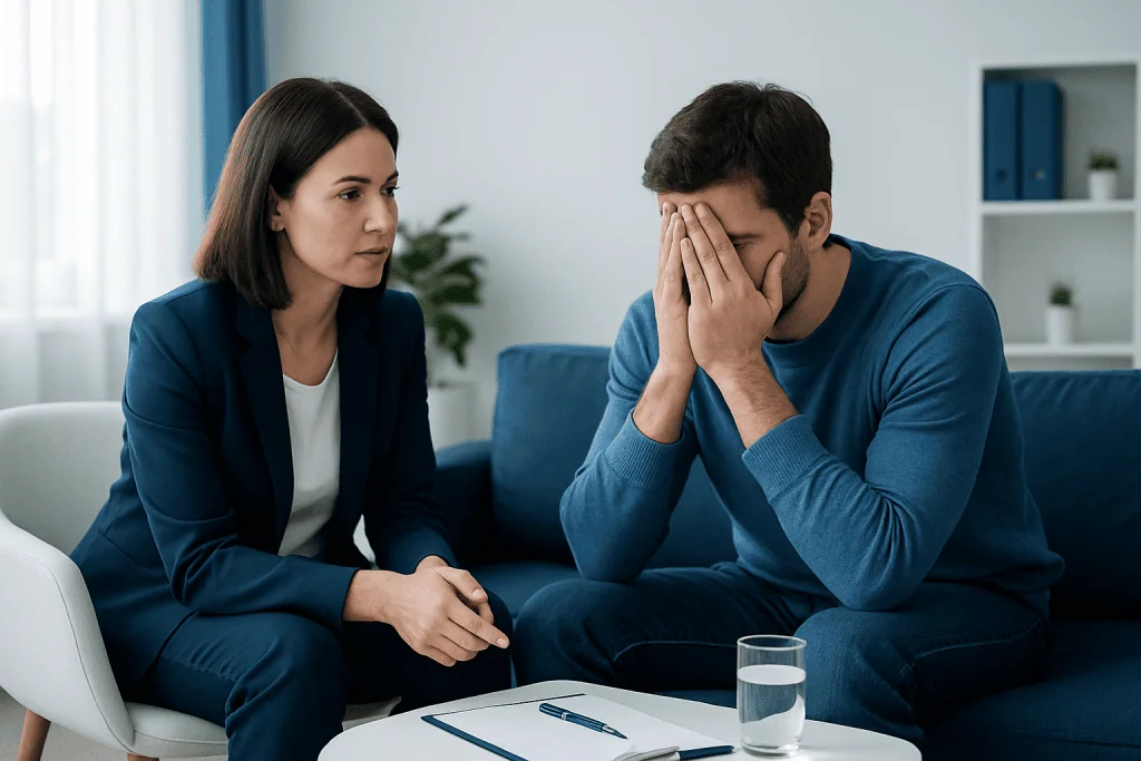 Therapist listening to a patient with anxiety or phobia symptoms.