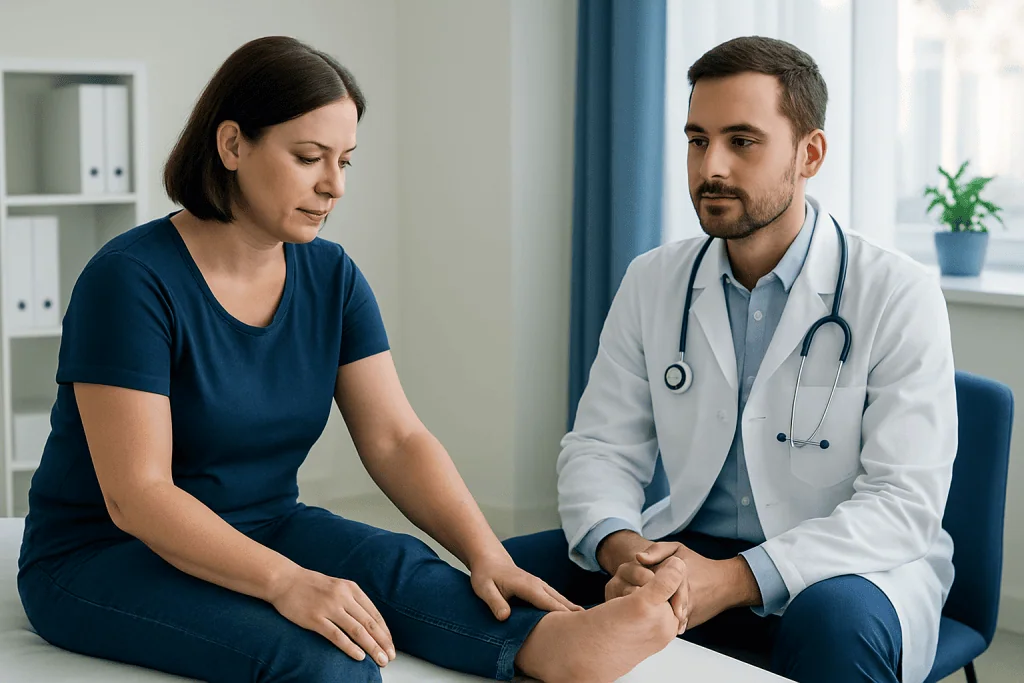 Doctor examining patient's foot in a medical consultation room.