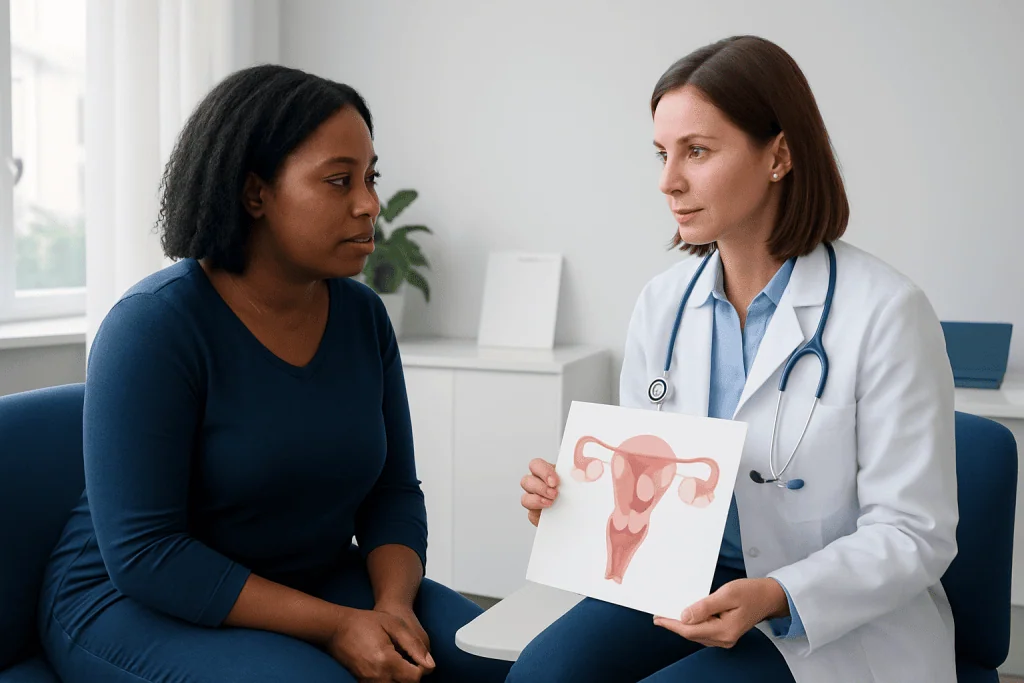 Doctor explaining submucosal fibroid to patient with uterine diagram.