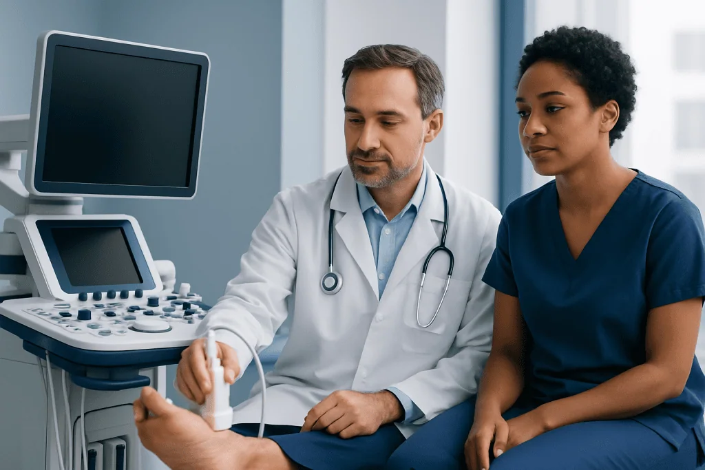 Doctor performing an ultrasound examination on a patient in a clinical setting.